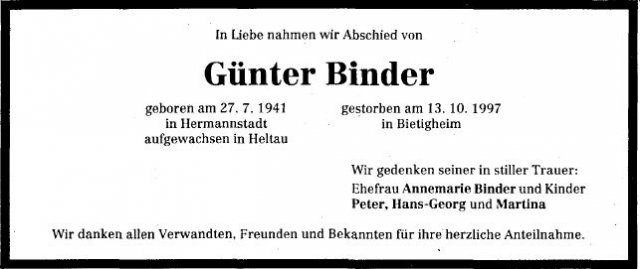 Binder Guenter 1941-1997 Todesanzeige